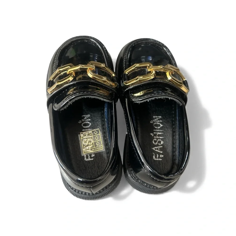 New Oamico Toddler Girls 7 Shiny Black Gold Buckle Slide On Loafer Dress Shoes